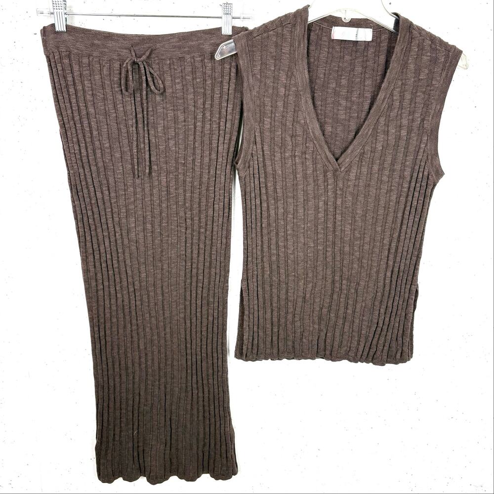 FP Beach Free People Ribbed V-Neck Sweater & Midi Skirt Linen Blend Brown XS